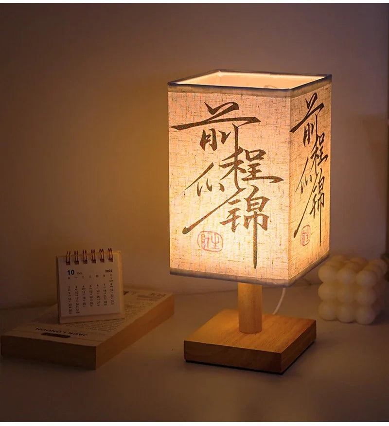LED Fabric Lampshade Square Bedroom Chinese Style Bedside Desk Lights