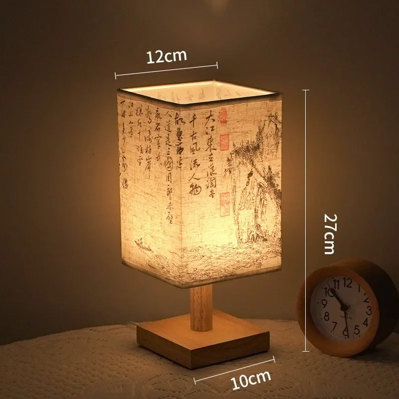LED Fabric Lampshade Square Bedroom Chinese Style Bedside Desk Lights