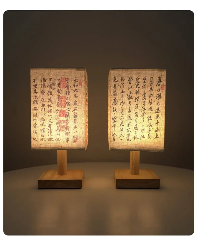 LED Fabric Lampshade Square Bedroom Chinese Style Bedside Desk Lights