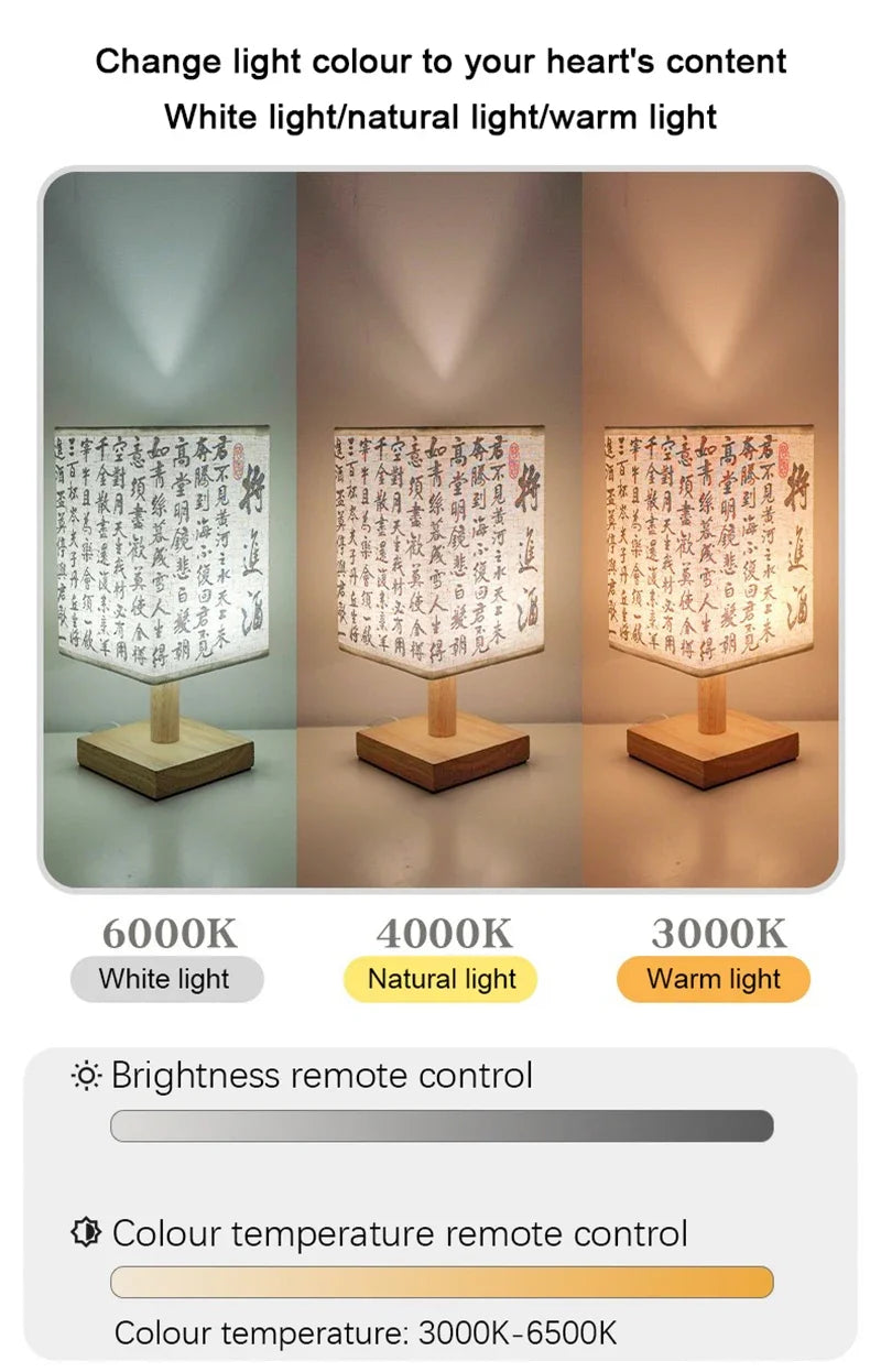 LED Fabric Lampshade Square Bedroom Chinese Style Bedside Desk Lights