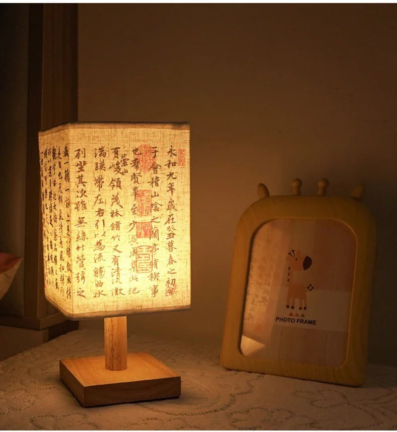 LED Fabric Lampshade Square Bedroom Chinese Style Bedside Desk Lights