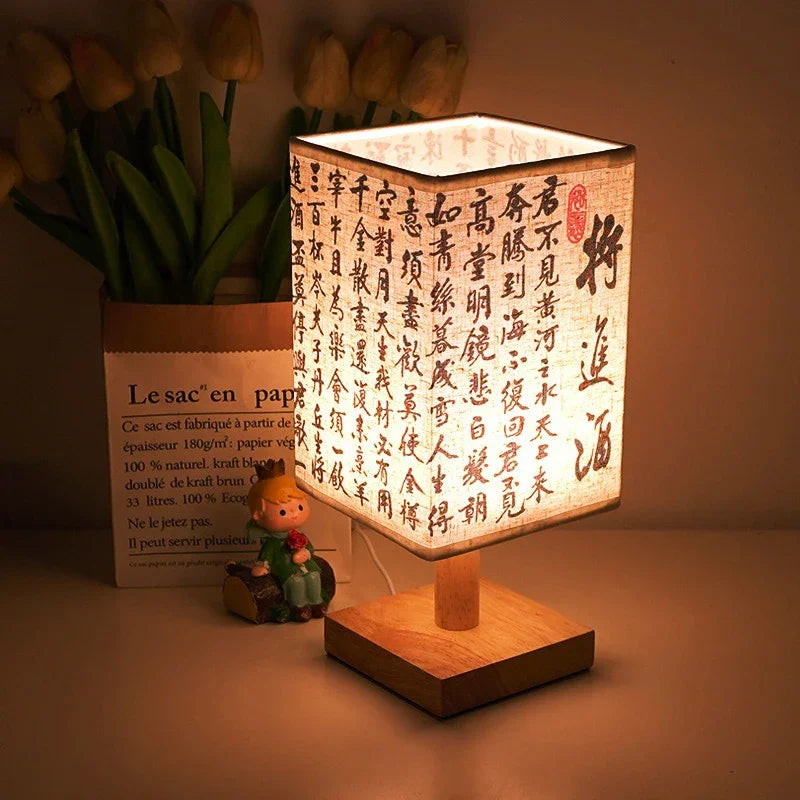LED Fabric Lampshade Square Bedroom Chinese Style Bedside Desk Lights
