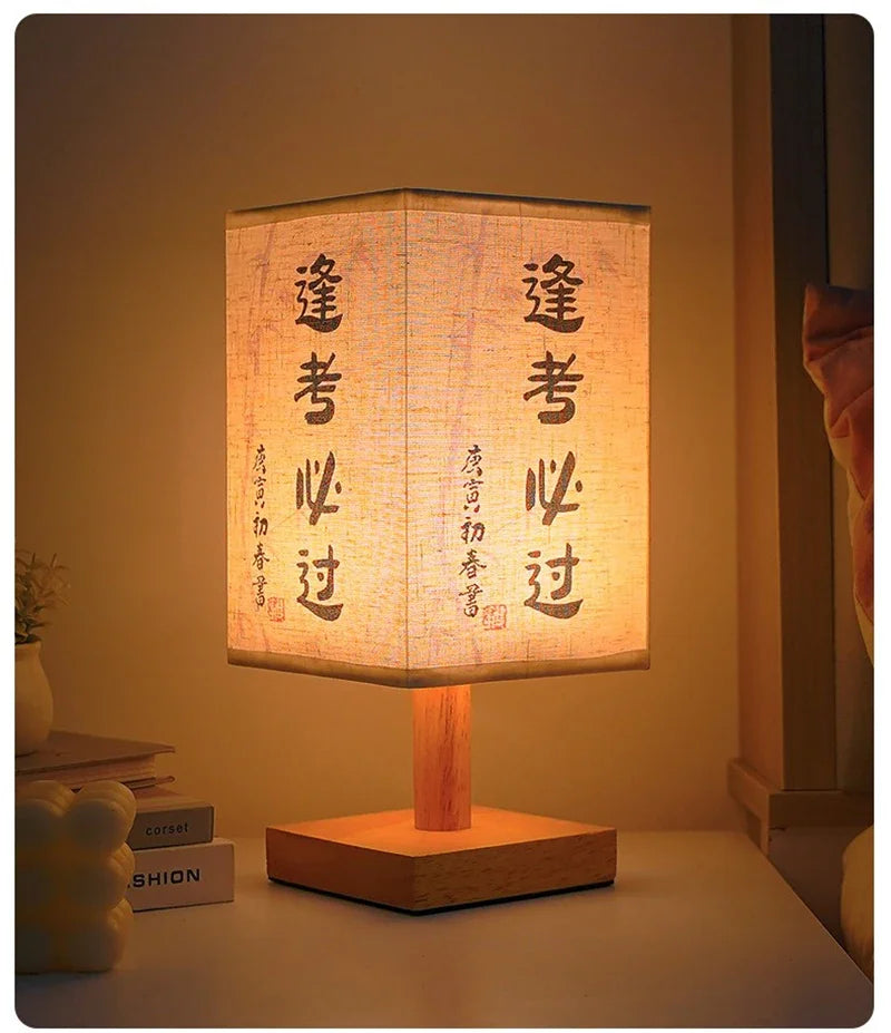 LED Fabric Lampshade Square Bedroom Chinese Style Bedside Desk Lights