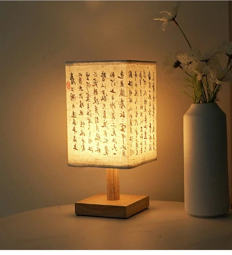 LED Fabric Lampshade Square Bedroom Chinese Style Bedside Desk Lights