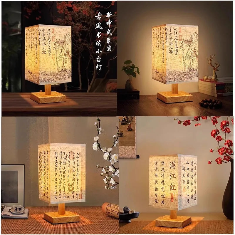 LED Fabric Lampshade Square Bedroom Chinese Style Bedside Desk Lights