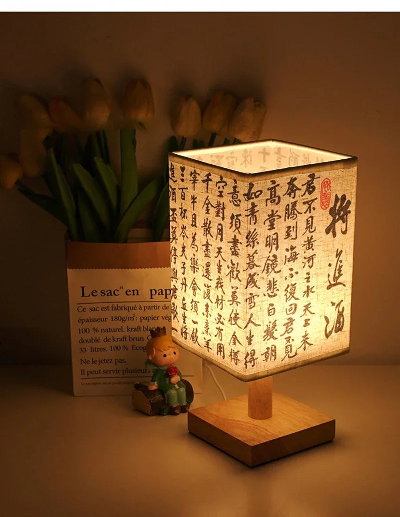 LED Fabric Lampshade Square Bedroom Chinese Style Bedside Desk Lights