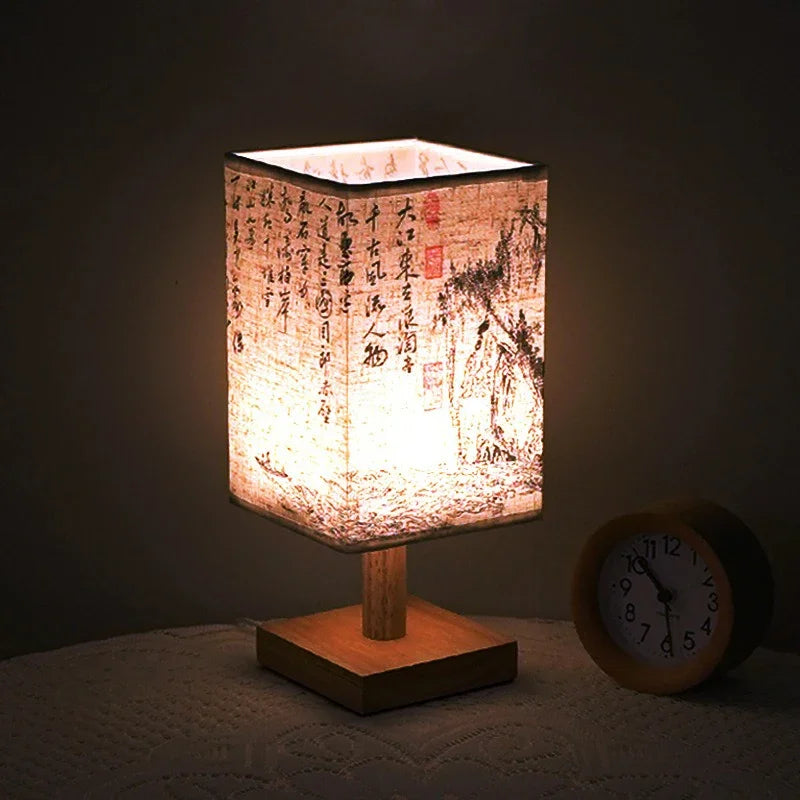 LED Fabric Lampshade Square Bedroom Chinese Style Bedside Desk Lights