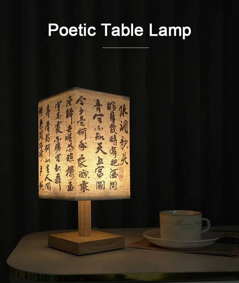 LED Fabric Lampshade Square Bedroom Chinese Style Bedside Desk Lights