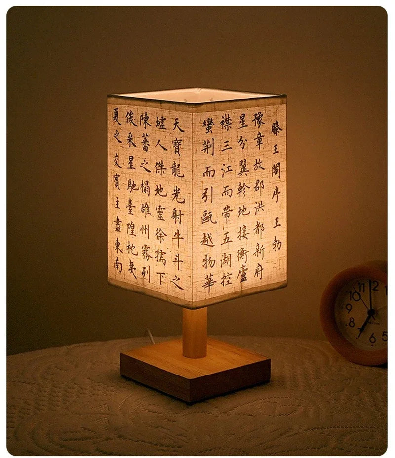 LED Fabric Lampshade Square Bedroom Chinese Style Bedside Desk Lights