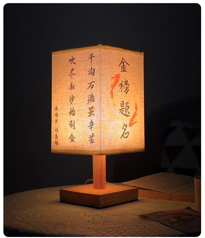 LED Fabric Lampshade Square Bedroom Chinese Style Bedside Desk Lights