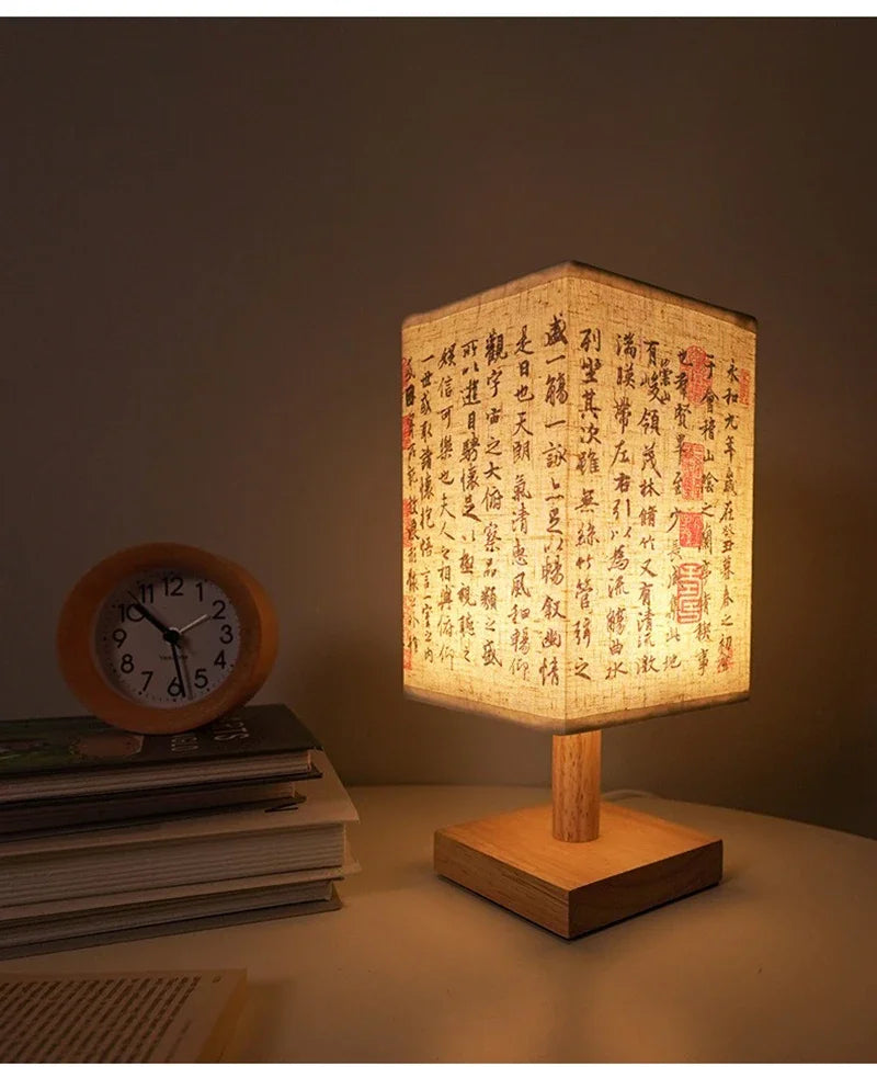 LED Fabric Lampshade Square Bedroom Chinese Style Bedside Desk Lights