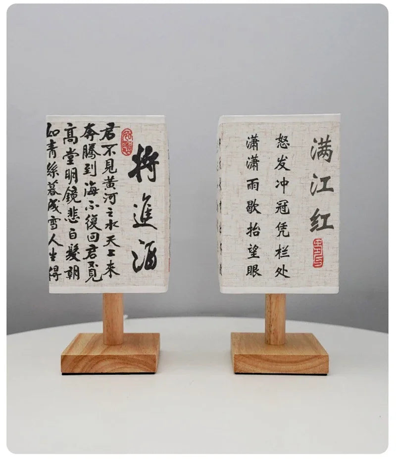 LED Fabric Lampshade Square Bedroom Chinese Style Bedside Desk Lights