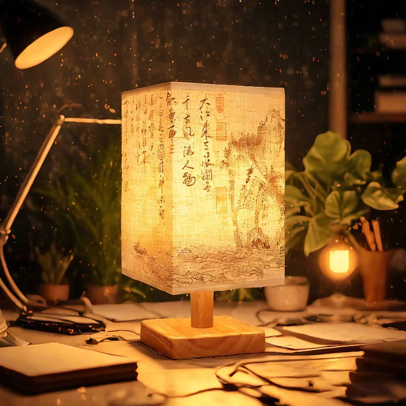 LED Fabric Lampshade Square Bedroom Chinese Style Bedside Desk Lights